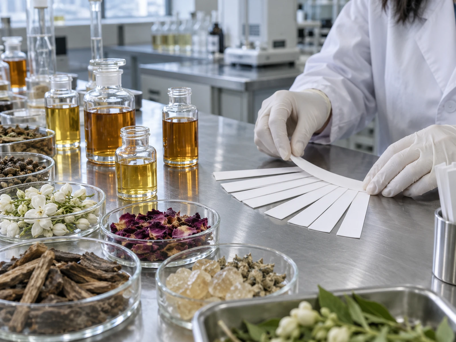 Fragrance oils and scent strips on a sampling table