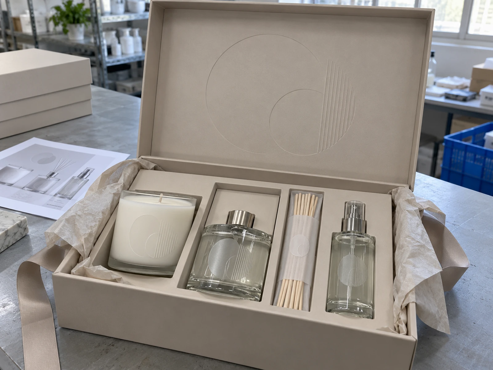 Open fragrance gift box with inserts and ribbon