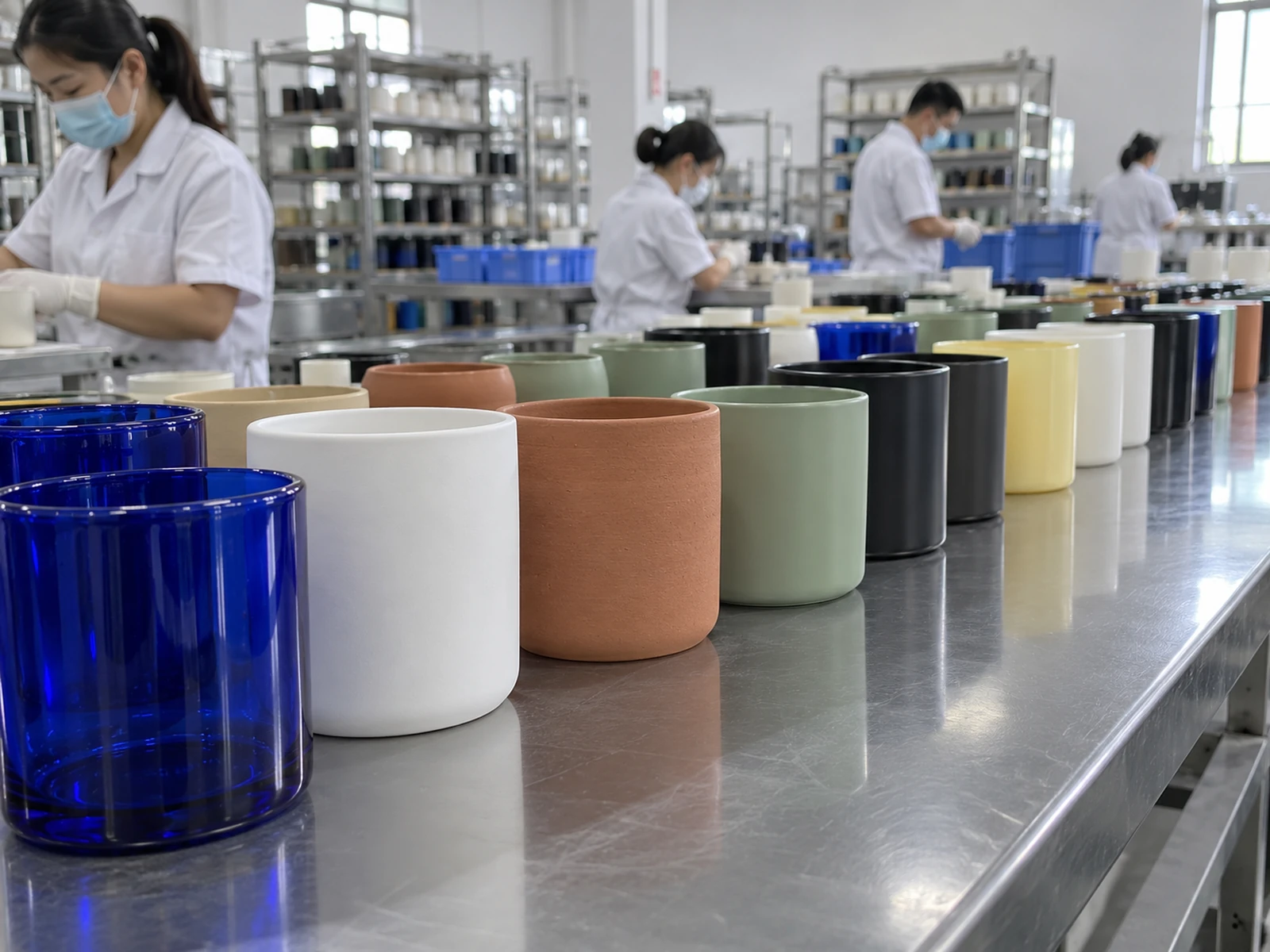 Rows of fragrance vessels in several colors and finishes