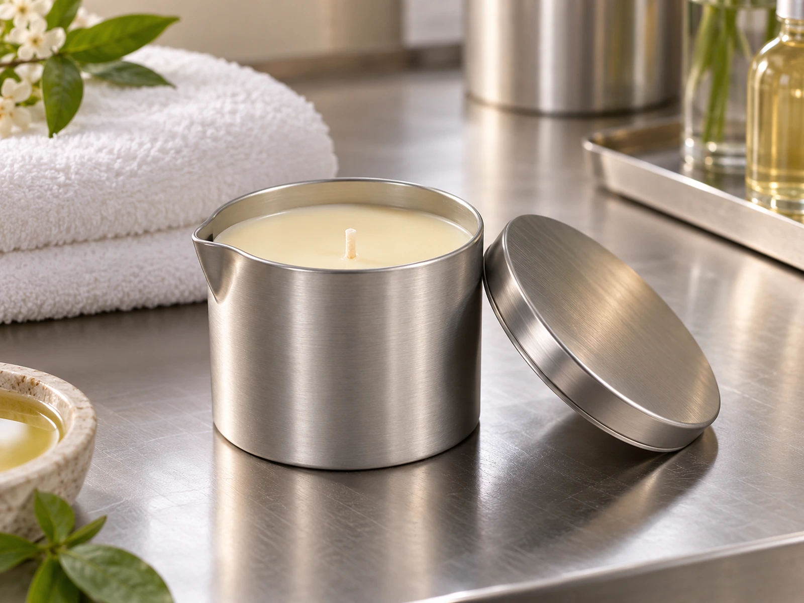 Massage oil candles in tins and ceramic vessels with pouring spouts